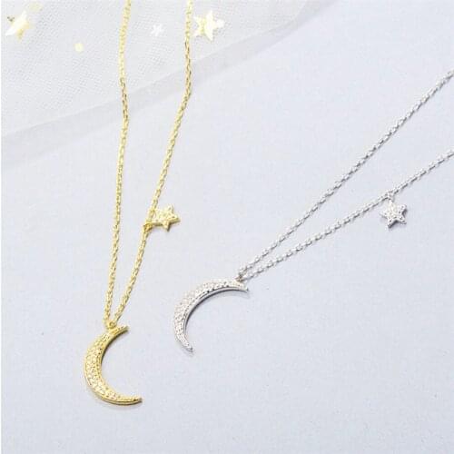 Korean Stars Moon Clavicle Chain Cimple Rhinestone 925 Sterling Silver Temperament Personality Female Jewelry Necklace SNE010