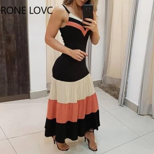 Women Spaghetti Strap Colorblock Maxi Dress Elegant Fashion Chic Dress