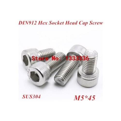 100pcs M5*45 Hex socket head cap screw, DIN912 304 stainless steel Hexagon Allen cylinder bolt, cup screws