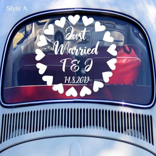 2 Style Just Married Pattern Decal Heart Wedding Decals Car Decor Custom Name Garland Vinyl Stickers Rear windshield DIY LC1291
