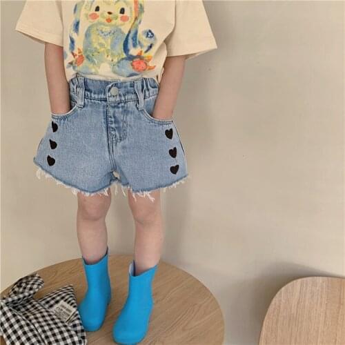 2021 Summer New Baby Shorts 2-8 Y Toddler Girl Denim Shorts Korean Love Print Cute Short Pants for Girls Kids Summer Denim Short