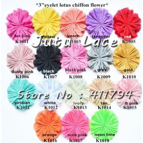 60 pcs/ lot , 3'' shabby chiffon flowers , chiffon eyelet lotus flowers for headband hair accessories 18 colors