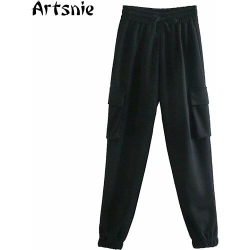 Artsnie Spring 2021 Gray Casual Harem Pants Women High Waist Gray Trousers Streetwear Pockets Ladies Long Pants Sweatpants