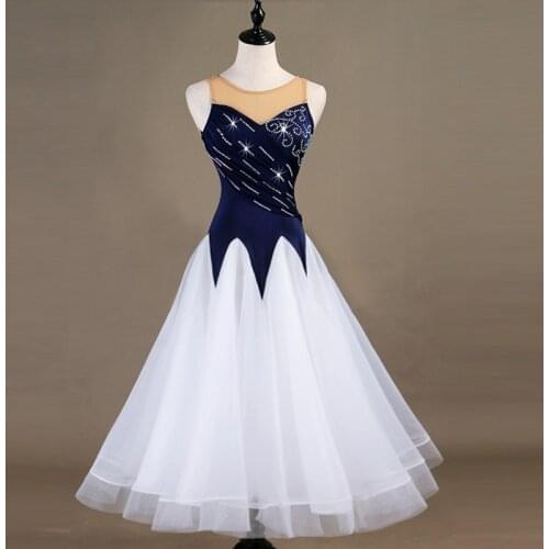 Ballroom Dance Dresses Long Sleeve foxtrot dress Women Stage Waltz Ballroom Dressblue white MQ106