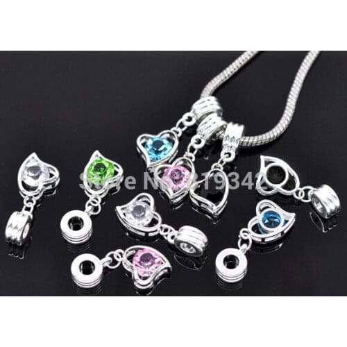 Free Shipping 100pcs Mixed Silver Plated Rhinestone Heart Charm Dangle Beads Fits European Charm Bracelet 30x12mm