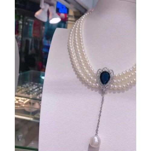 Free shipping Jewelry 3row 6-7mm natural south sea white pearl necklace micro inlay zircon baroque pearl pendant