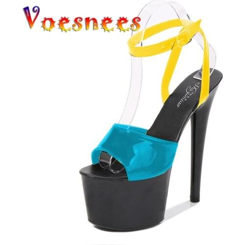 Voesnees Women Colorful Sandals Super High Heels Sexy Women Shoes 17cm Platform Heels Ankle Strap Stripper Open Toe Mixed Colors