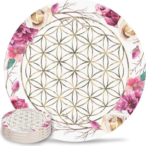 Flower of Life Rose Garden Gold Ceramic Coasters Waterproof Tea Cup Mat Christmas Home Decor Coasters for Glasses