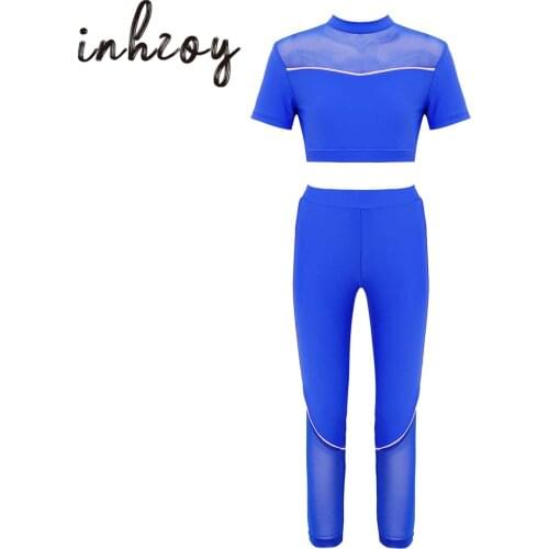 Kids Girls Ballet Dancewear Workout Gymnastics Outfits Sleeveless Tank Top Mesh Patchwork Pant Leggings Set Dance Outfits