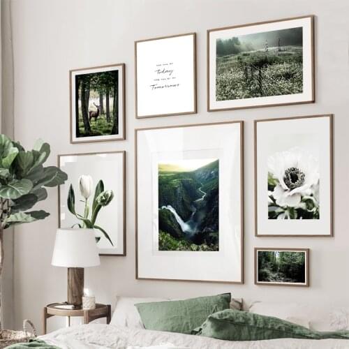 Green Forest Deer White Flower Quote Wall Art Canvas Painting Nordic Posters And Prints Wall Pictures For Living Room Home Decor
