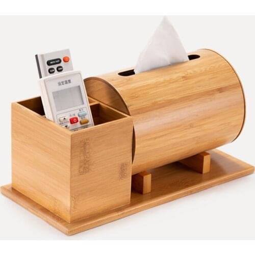 Classic pastoral bamboo wood cylindrical living room tissue box with storage box Remote control organization