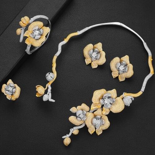 LARRAURI 2020 Hot Women Wedding Jewelry Sets Statement Flower Pendant Necklace Earrings Bangle Ring Jewelry Sets Accessories