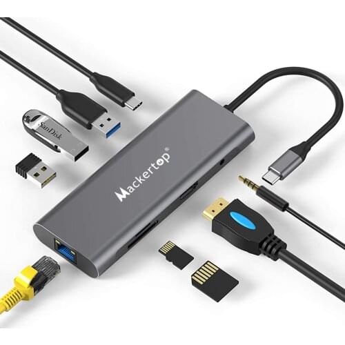 Mackertop USB-C Hub Adapter Compatible for All Computers, Power 9-in-1 USB C Hub Dongle with 3X USB 3.0, Micro SD