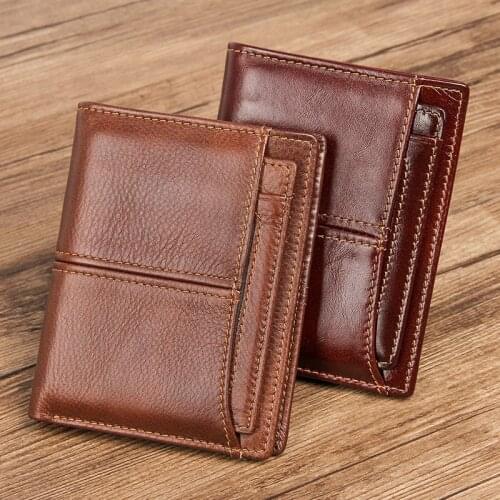 Men Wallet RFID Blocking Genuine Cow Leather Mens Wallets Bifold Short Male Wallet with Zipper Coin Pocket and Card Holder