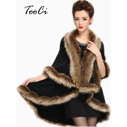 New Women winter cape Faux Fox Fur Coat Black Knitted Cardigan Poncho And Caps Knitted Sweater Lady Scarves Coat
