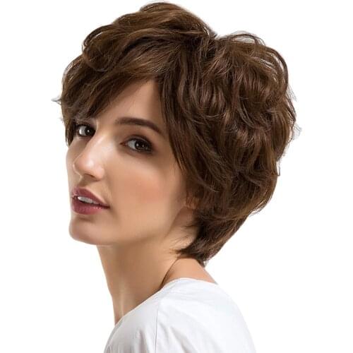 Charming Lady Short Curly Wig Oblique Fringe Natural Brown Human Hair Heat Resistant with Free Cap 10 Inch