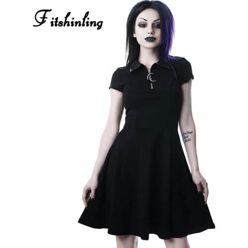 Fitshinling 2020 Grunge Moon Solid Party Dresses Turn-down Collar Zipper Up Mini Harajuku Dress Elegant Punk Vintage Dress