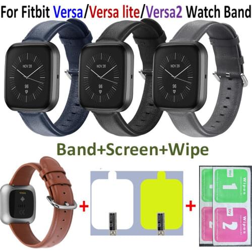2 In1 Leather Smart Watch For Fitbit Versa 2 Screen Protective film Replace Wrist Watchband for Fitbit Versa Band Versa2 Strap