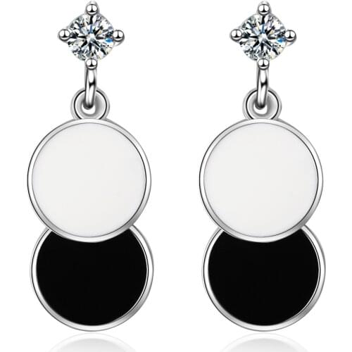 925 Sterling Silver Black and White Round Disc Drop Earrings Cubic Zircon Dangle Earring For Women Party Jewelry S-E844