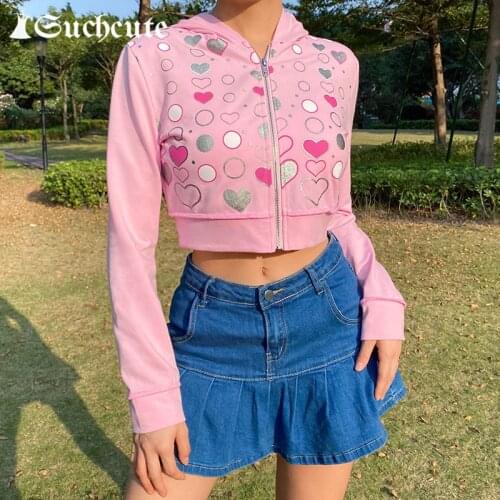 SUCHCUTE Autumn Fashion Heart Print Women Cropped Sweatshirts 90s Longslive Female Streetwear Cute Pink Hoodies Harajuku