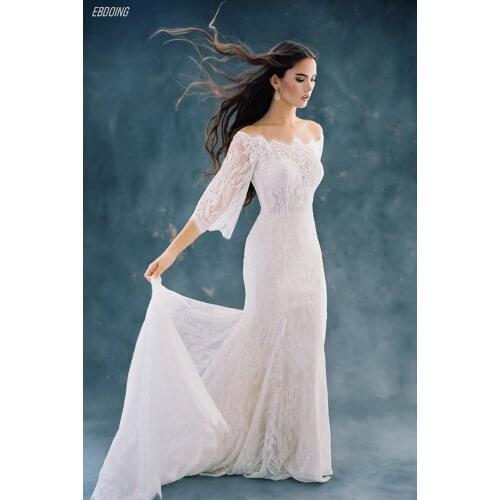 Vestidos De Novia Wedding Dress Lace Sheath Boat Neck Neckline Half Sleeves Long Floor-Length Plus Sizes Bride Gown