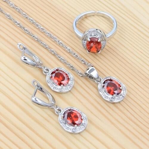 Egg Garnet Jewelry Set 925 Silver Accessories for Women Wedding Earrings Pendant Open Ring Chain Sparkling Red Stone Jewelry