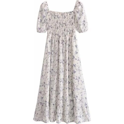 YENKYE Vintage Floral Print Sexy Slits Chiffon Dress Women Short Sleeve Square Neck Elegant Ladies Dress Summer Holiday Vestido