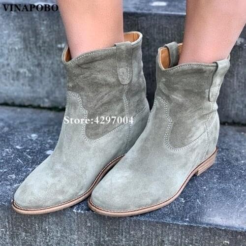 2020 Nude Suede wedge Ankle Boots For Women Hidden 5CM Increase heel Short Cowboy Boots Comfortable Flat Winter Shoes Woman