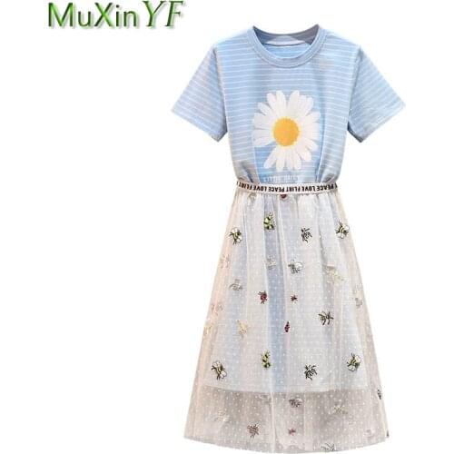 Lady Large Size Blue 2 Pcs Clothing Suit 2021 Summer Womens Fashion Daisy Print Stripe Long T Shirt+embroidery Mesh Skirts Set