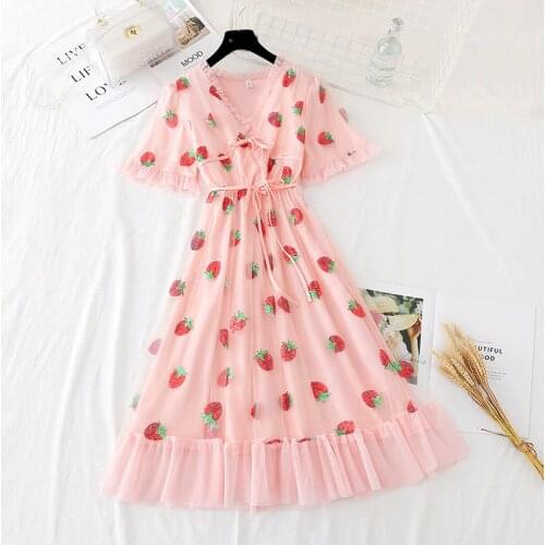 New Summer Sequined Embroidery Sweet Pink Strawberry Dress Womens Sexy V-neck Puff Sleeve Bow Tulle Mesh Long Dress