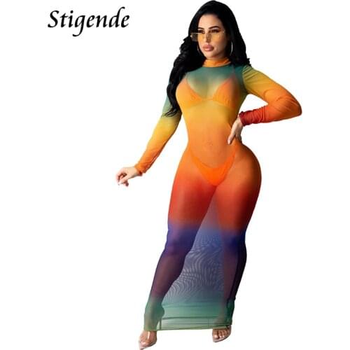 Stigende Sexy See Through Mesh Long Dress Women Fashion Print Night Party Dress Club Wear Transparent Gradient Color Maxi Dress