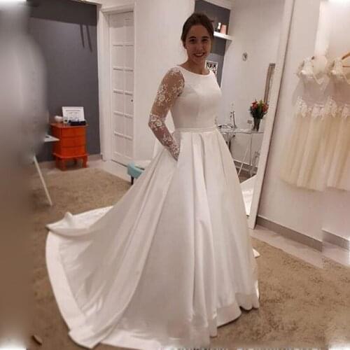 Simple Satin A Line Wedding Dresses Lace Long Sleeves Floor Length Dress Bridal Formal Gown Plus Size Vestido De Noiva 2020