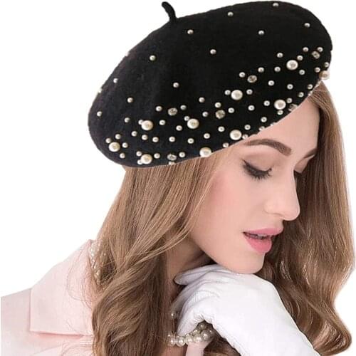 2021 Winter Warm Rhinestone Pearl Beret Hat Classic Beanie Caps French Berets Casual Wool Winter Hat Caps for Women Girl Cap