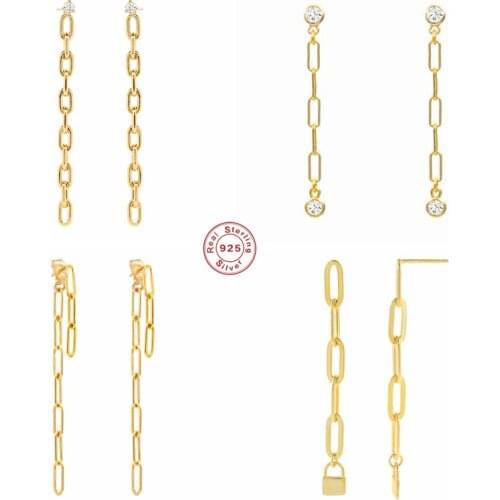 BOAKO 925 Sterling Silver Gold Long Oval Locker Link Chain Dangle Earrings For Women Cubic Zirconia Drop Earring Punk Jewelry