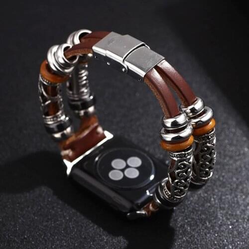 Retro Handmade Beads Real Leather Bracelet For Apple Watch Strap 38mm 40mm 42mm 44mm Cowhide Apple iWatch Series 3 4 5 6 SE Band