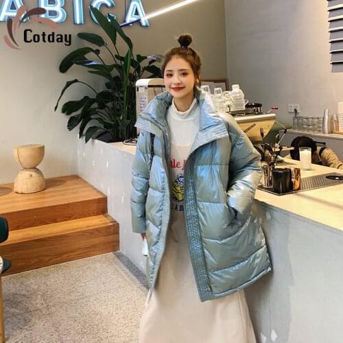 Cotday Thick Stand-up Collar Winter Light Green Snow Down Jacket Loose Long Bright Skin Parkas Coat Women Manteau Femme Hiver