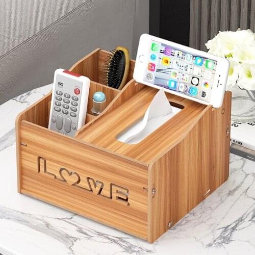 Wood Tissue Box Holder Tablet Stand Organizer For Bedroom Desktop 3 Compartments Hold iPad Phones Remote Controls Notepads Pens