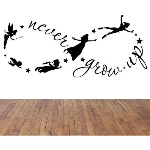 Peter Pan Children Flying Silhouette Never Grow Up Quote Fantasy Fairytale Infinity Symbol Wall Decals Nursery Kids Wall Sticker