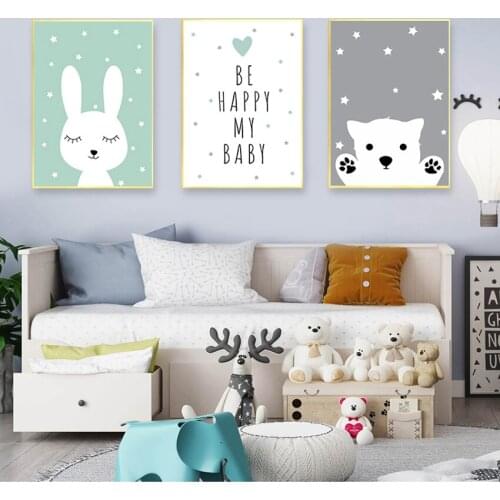 Children Bedroom Decor Cartoon Rabbit Bear Painting Art Baby Nursery Wall Art Canvas Poster Print Nordic Kids Decoration Picture