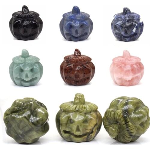 2" Pumpkin Figurine Natural Stones Carved Jack-O-Lantern Decorations Healing Reiki Crystal Witchcraft Halloween Ornament Gift