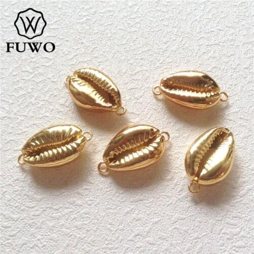 FUWO Natural Cowrie Shell Connector With 24K Gold Dipped Fashion Double Bails Conch Jewelry Supplies Wholesale PD546