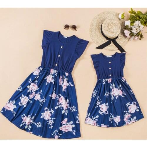 Family Set Flower Mother Daughter Macthing Dresses Ruffled Sleeve Mom Baby Mommy and Me Clothes Fashion Women Girls Cotton Dress