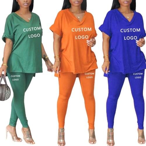 Custom Logo Causal 2 Piece Set Women Tracksuit Sports Suit Short Sleeve Top T-Shirt Pants Trouser Outfits Jogging Female Clothes