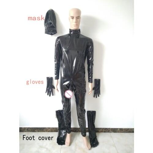 Cosplay Costumes sexy mens pvc Faux leather Game fun clothing removable hood hands feets back 3-way zipper With penis sheath