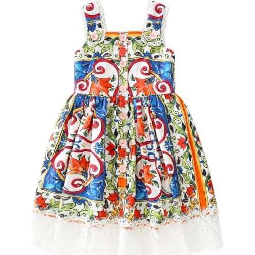 Baby Girl Clothes Summer Cute Print Sweet Lace Lace Sling Dress Childrens Clothing