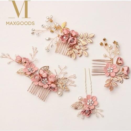 Fashion Blue Flower Hair Combs Headdress Prom Bridal Wedding Hair Accessories Gold Leaves Hair Jewelry Gifts Hair Pins