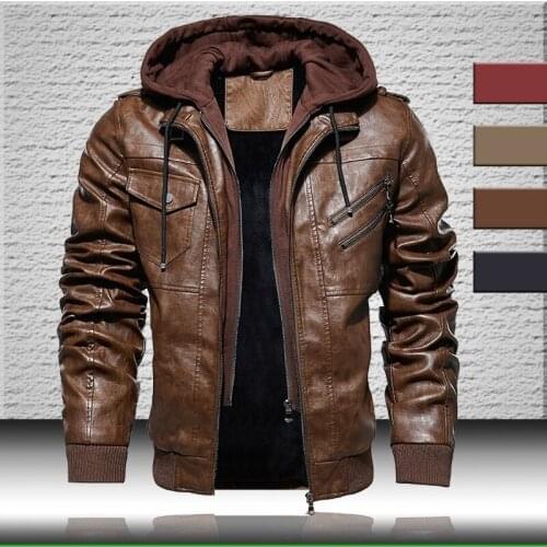 Mens Leather Jacket 2021 New Motorcycle Bomber Jackets Men Winter Warm PU Leather Coat with Removable Hood Outerwear Jackets Men