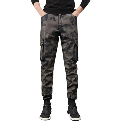 Idopy Men`s Faux Leather Cargo Pants Military Style Multi Pockets Camouflage Army Tactical PU Ankle Cuffed Soft Leather Trousers