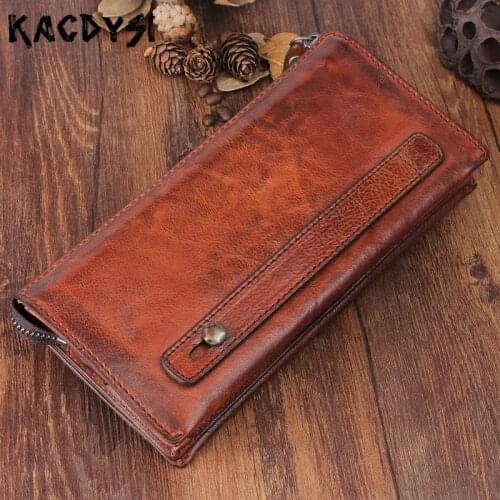 Genuine Leather Mens Wallets Large Capacity Wallet Card Holder Cowhide Retro Purse Long Multi-functional Day Clutches Wristlets