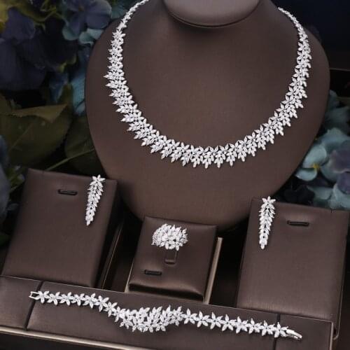 Janekelly 4pcs Bridal Zirconia Full Jewelry Sets For Women Party, Luxury Dubai Nigeria CZ Crystal Wedding necklace sets